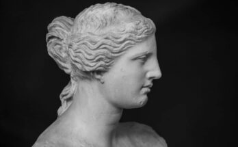 Profile of the statue of Aphrodite of Milos (Venus de Milo) at the Louvre Museum.