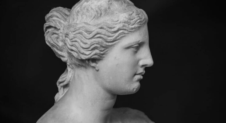 Profile of the statue of Aphrodite of Milos (Venus de Milo) at the Louvre Museum.