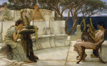 painting by Lawrence Alma Tadema depicting Sappho and Alcaeus