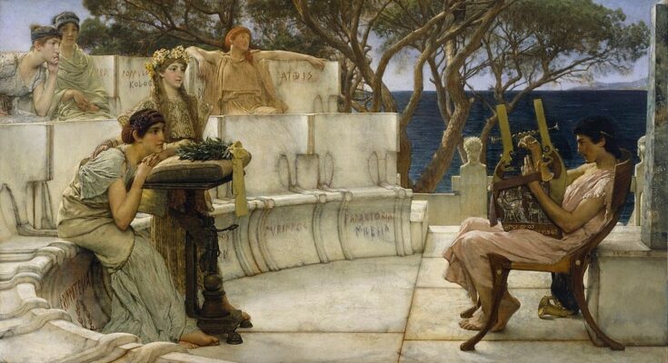 painting by Lawrence Alma Tadema depicting Sappho and Alcaeus