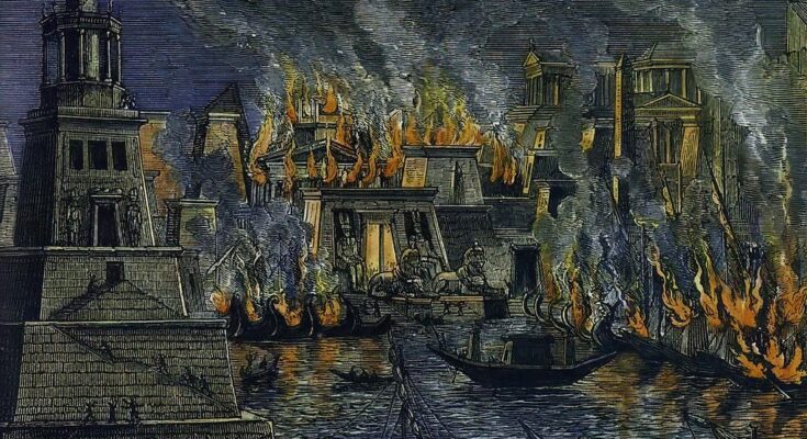 Painting of the burning of the Great Library in Alexandria