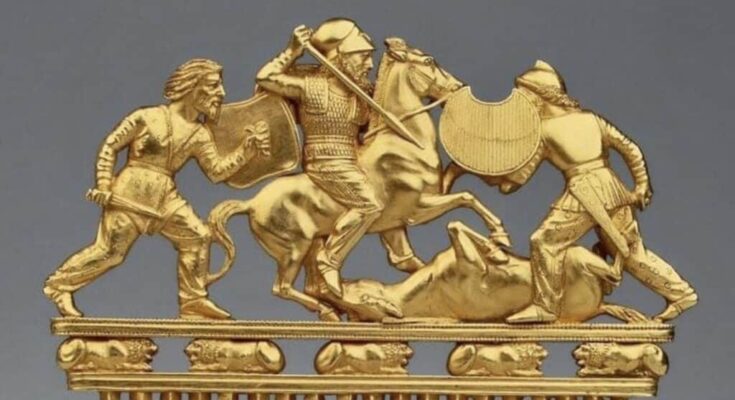 Scythian gold sculpture on a comb showing horsemen