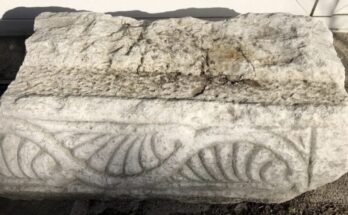 The part of a stone portico or lintel from Middle Byzantine times that Germany returned to Greece.