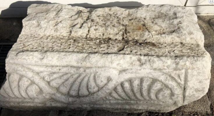 The part of a stone portico or lintel from Middle Byzantine times that Germany returned to Greece.