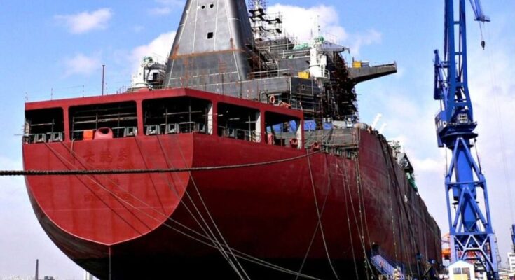 LNG carrier transporting liquefied natural gas across the sea.