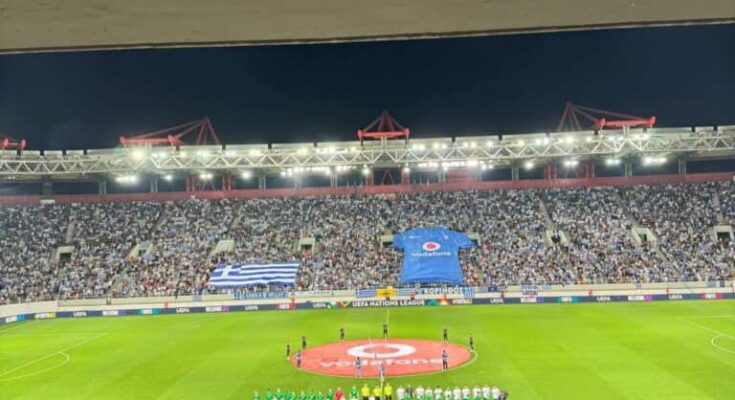 Greece's national football team celebrates a 2-0 victory over Ireland during the Nations League match at Karaiskakis Stadium.