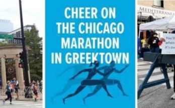 Runners pass through downtown Chicago near Greektown, with a sign encouraging support for the Chicago Marathon in the Greek neighborhood.