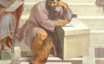 A Raphael painting depicting Heraclitus, the ancient Greek philosopher, deep in thought, surrounded by symbols of his philosophical ideas.