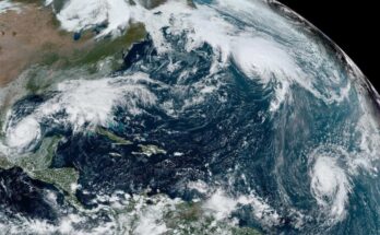 Three simultaneous hurricanes active on October 6, 2024, with Milton (left), Kirk (top right) and Leslie (lower right)