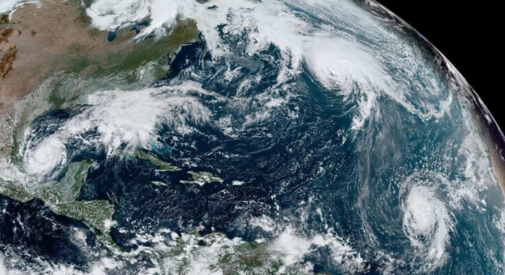 Three simultaneous hurricanes active on October 6, 2024, with Milton (left), Kirk (top right) and Leslie (lower right)