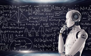 Robot is thinking with blackboard full of math mike mackenzie