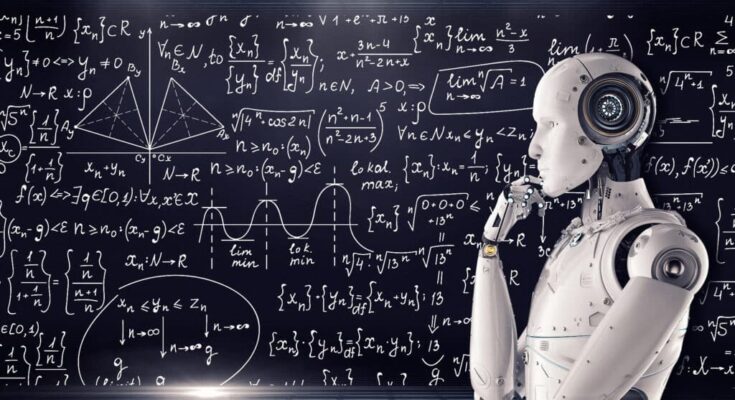 Robot is thinking with blackboard full of math mike mackenzie