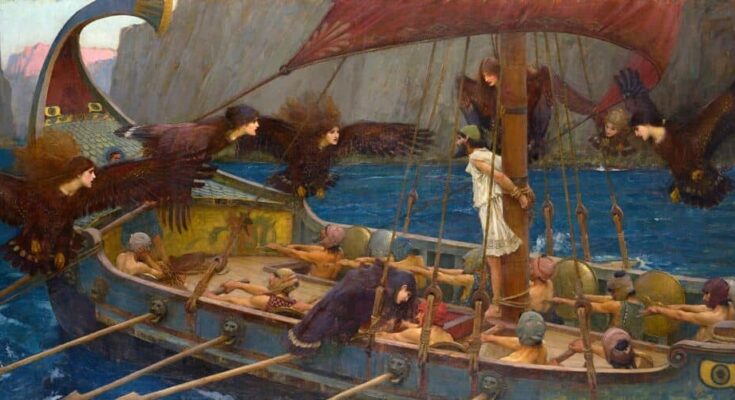 Painting depicting Odysseus and his crew at their ship (Odysseus tied to the mast), while Sirens are around them.