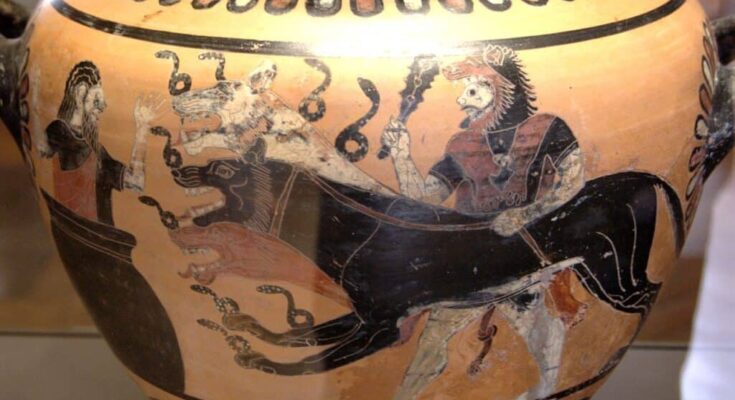 Heracles, Cerberus and Eurystheus. Ancient Greek art