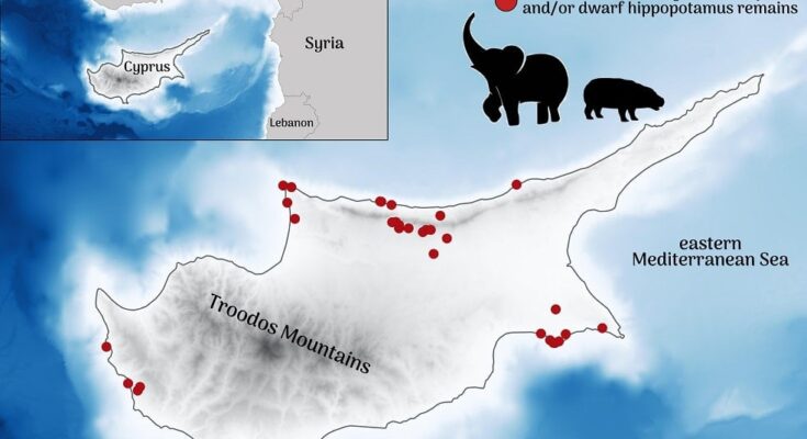 Map of Cyprus fossil sites of dwarf elephants and hippos.