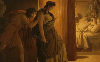 Part of a painting by Pierre-Narcisse Guérin (1817) of the murder of Agamemnon by Clytemnestra