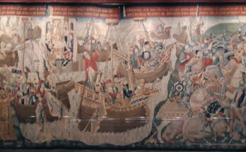 Tapestry depiction Brutus leaving the Temple of Diana and journeying towards Gaul.