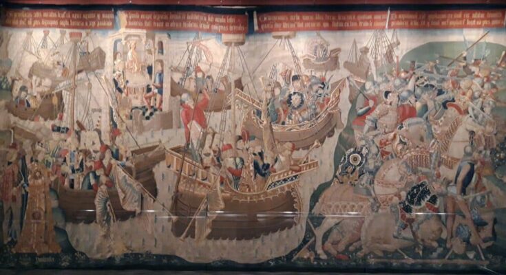 Tapestry depiction Brutus leaving the Temple of Diana and journeying towards Gaul.